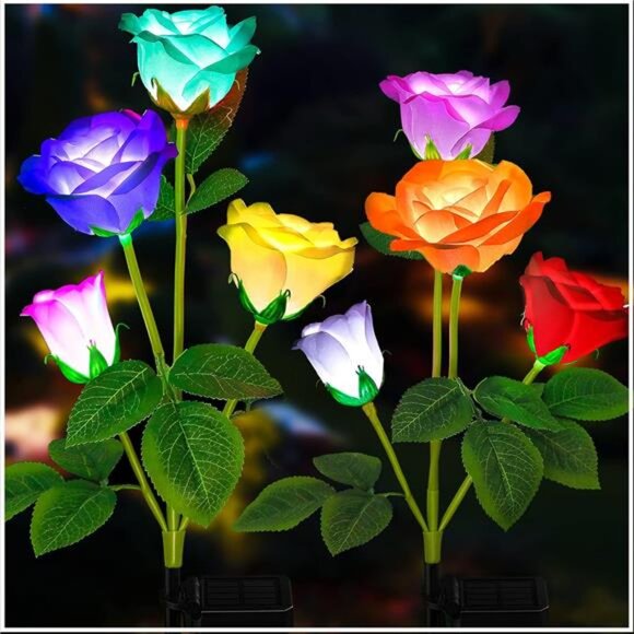 Solar Garden Lights- Newest Version Solar Lights O, 7-Color Changing Rose Lights - Picture 1 of 7